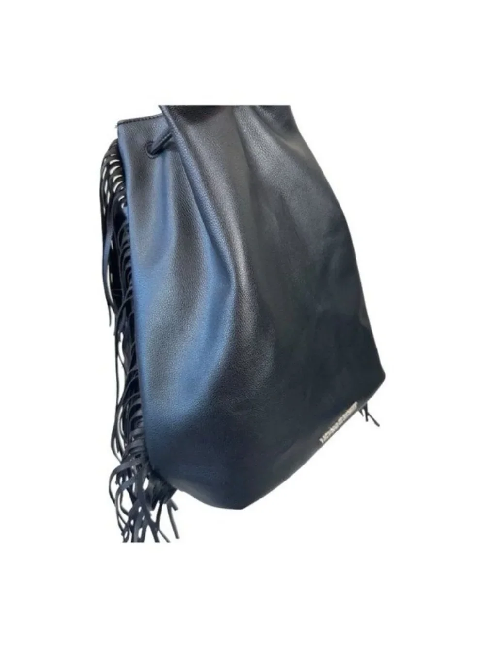 Victoria's Secret Backpack Solid Black Faux Suede Fringed Drawstring Bag Purse